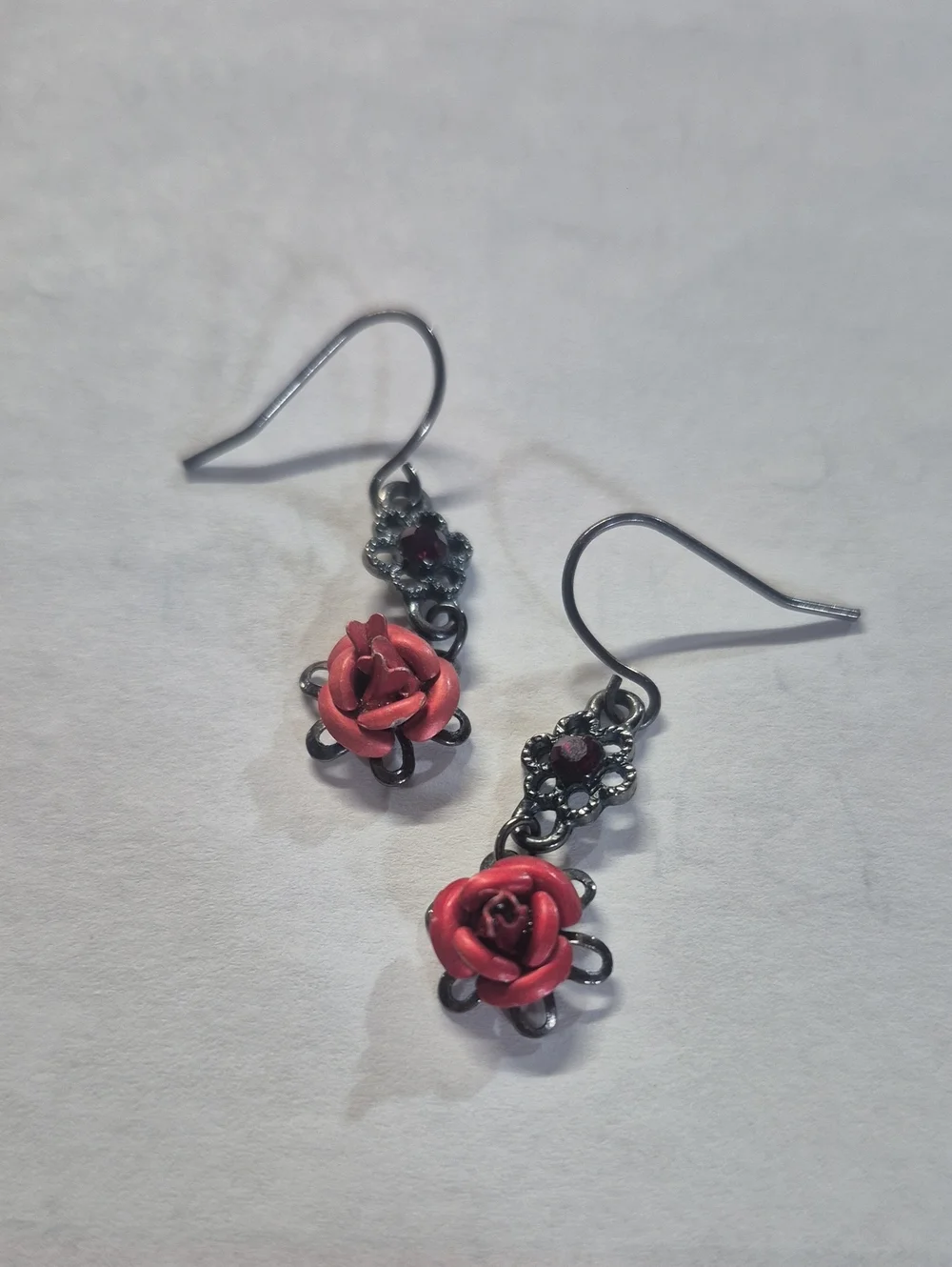 PINK ROSE DROP Vintage Earrings with Rhinestone Accents.